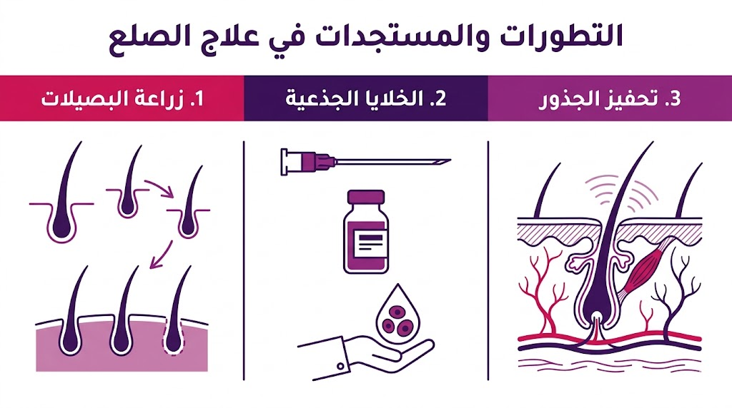 بوستر تعليمي يبرز ثلاث نقاط أساسية حول التطورات والمستجدات في علاج الصلع.