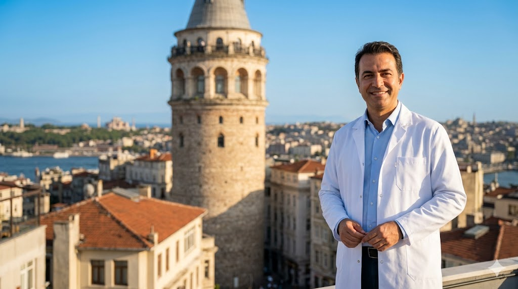 طبيب مختص في التطورات والمستجدات في علاج الصلع يقف أمام برج غالاتا في إسطنبول.
