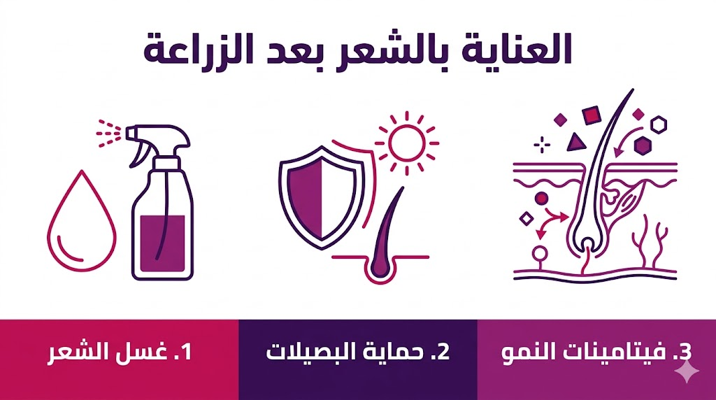 بوستر إنفوجرافيك مقسم لثلاثة أقسام تشرح غسل الشعر وحماية البصيلات وتناول الفيتامينات ضمن العناية بالشعر بعد الزراعة.