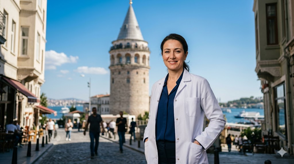 طبيب مختص يقف أمام برج غالاتا في اسطنبول لتقديم نصائح حول العناية بالشعر بعد الزراعة في تركيا.