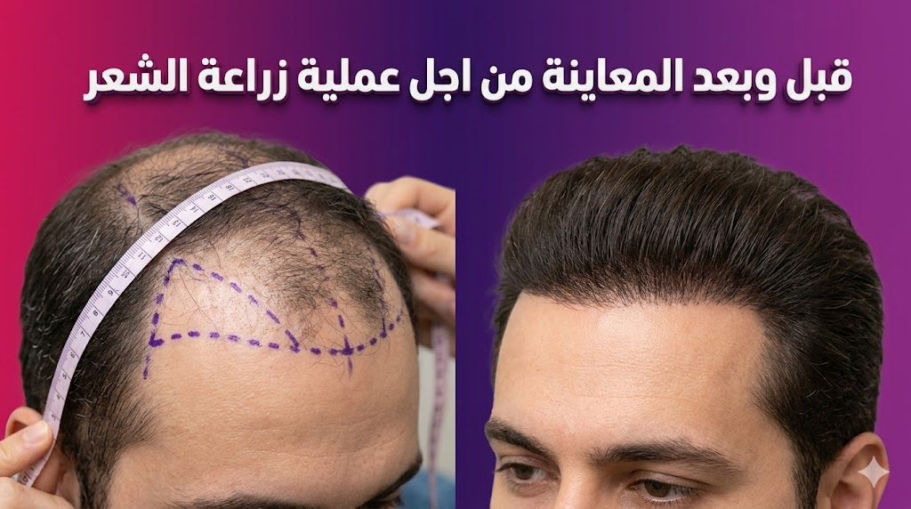 صورة قبل وبعد توضح نتائج التخطيط الدقيق خلال المعاينة من اجل عملية زراعة الشعر مع خطوط القياس الجراحية.