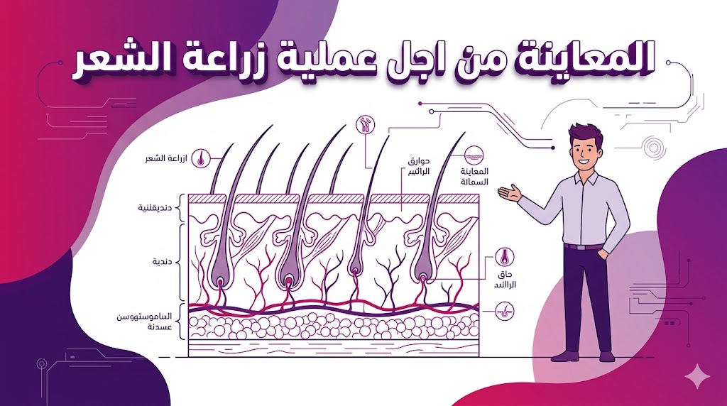 مخطط إنفوجرافيك تعليمي يوضح تشريح فروة الرأس وأهمية المعاينة من اجل عملية زراعة الشعر لتحقيق نتائج طبيعية.