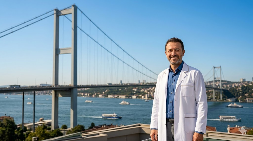 طبيب مختص في تركيا يقف أمام جسر البوسفور، مستعد لإجراء المعاينة من اجل عملية زراعة الشعر بأعلى المعايير الطبية.