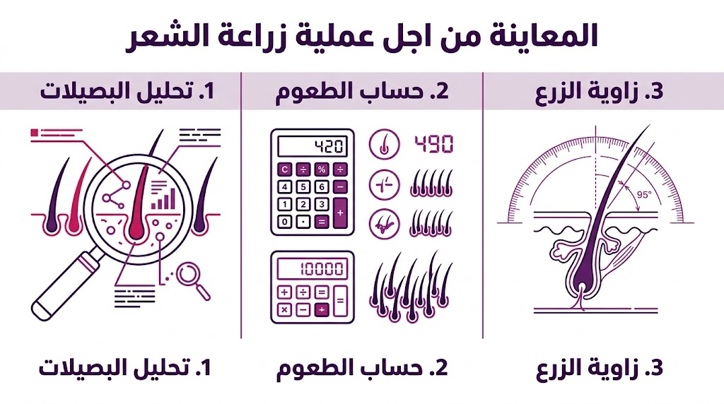 بوستر إنفوجرافيك يشرح مراحل تحليل البصيلات وحساب الطعوم في المعاينة من اجل عملية زراعة الشعر.