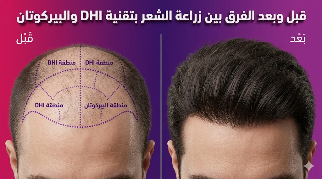 مقارنة قبل وبعد توضح نتائج الفرق بين زراعة الشعر بتقنية DHI والبيركوتان على فروة الرأس.