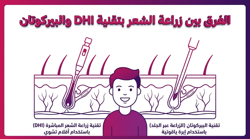 مخطط طبي يشرح الفرق بين زراعة الشعر بتقنية DHI والبيركوتان من حيث طريقة غرس البصيلات في الجلد.