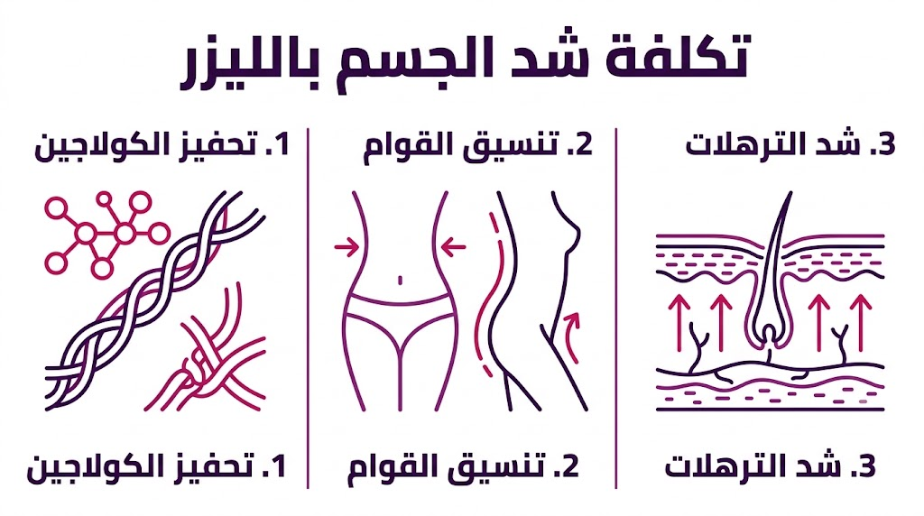 إنفوجرافيك طبي يوضح الفوائد الثلاث الرئيسية لعملية تكلفة شد الجسم بالليزر: تحفيز الكولاجين، تنسيق القوام، وشد الترهلات.