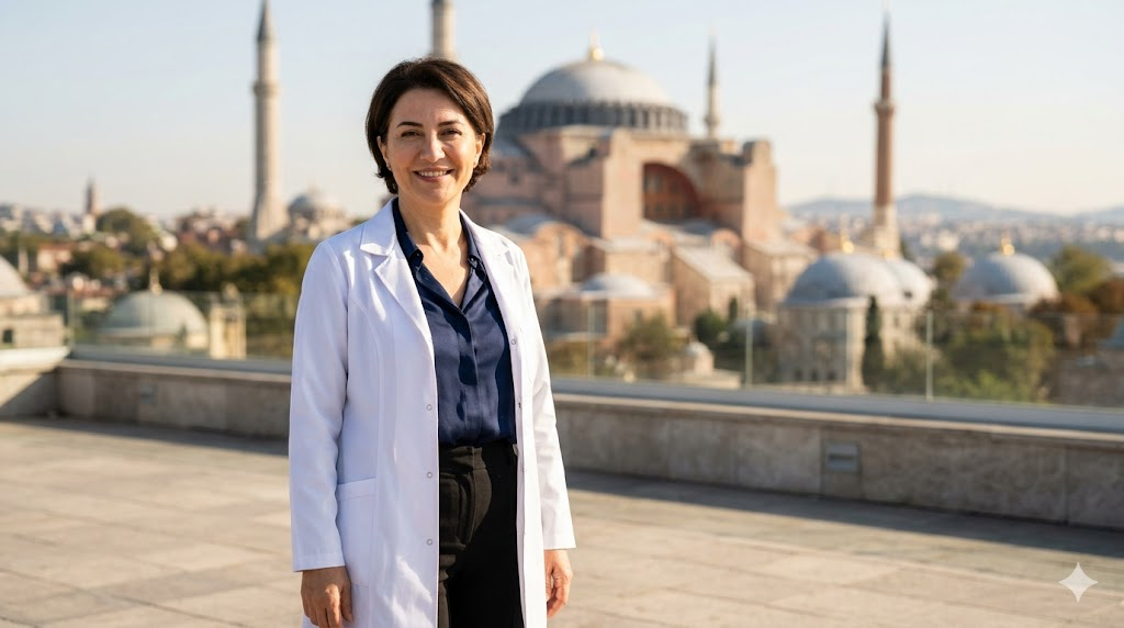 جراح تجميل خبير يقف أمام جامع آيا صوفيا في إسطنبول، يمثل الثقة في إجراء تكلفة تكبير الصدر بالدهون الذاتية.