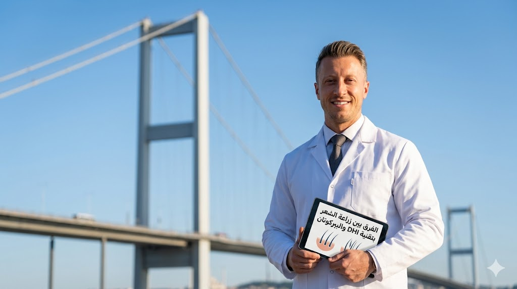 طبيب متخصص في تركيا يوضح الفرق بين زراعة الشعر بتقنية DHI والبيركوتان أمام جسر البوسفور في اسطنبول.