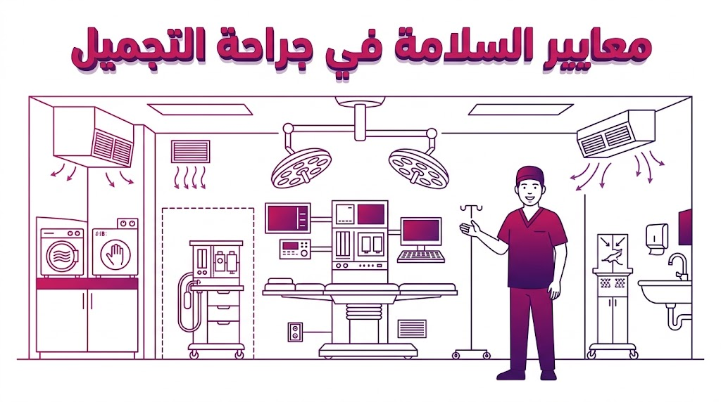  إنفوجرافيك تعليمي يوضح المخطط الهندسي لغرف العمليات المجهزة وفق معايير السلامة في جراحة التجميل.