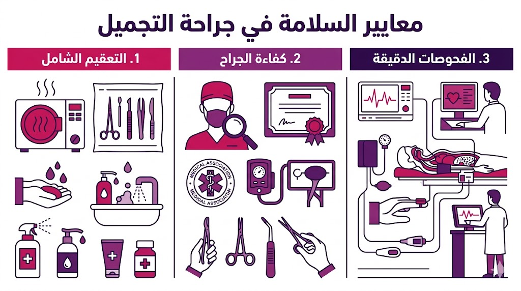 بوستر إنفوجرافيك طبي يستعرض ثلاثة محاور أساسية لـ معايير السلامة في جراحة التجميل: التعقيم، كفاءة الطبيب، والفحوصات.
