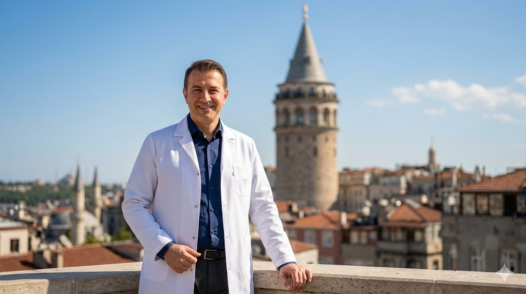 جراح تجميل خبير يقف أمام برج غالاتا في اسطنبول ليعكس التزام المراكز التركية بـ معايير السلامة في جراحة التجميل.