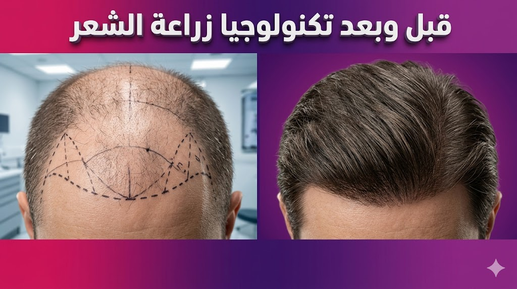 صورة "قبل وبعد" توضح نتائج تكنولوجيا زراعة الشعر مع تخطيط طبي دقيق وكثافة شعر نهائية مثالية.
