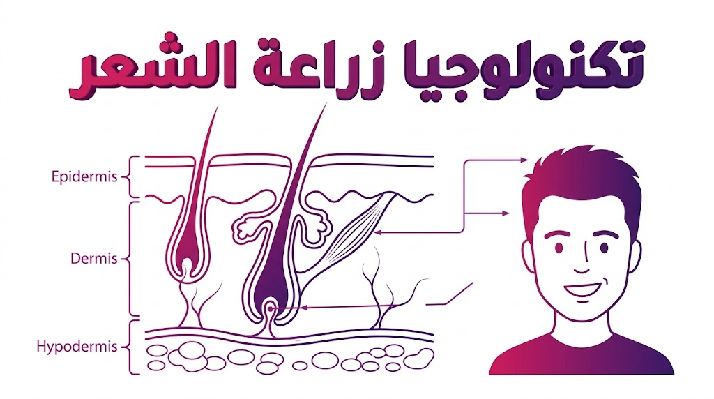 إنفوجرافيك تعليمي يشرح التشريح الداخلي لبصيلات الشعر وتطبيق تكنولوجيا زراعة الشعر بشكل علمي.