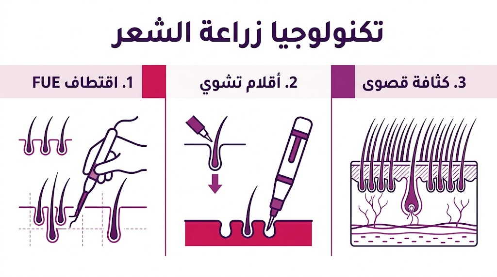 إنفوجرافيك تعليمي يستعرض تقنيات تكنولوجيا زراعة الشعر الثلاث الأساسية لضمان أفضل النتائج.