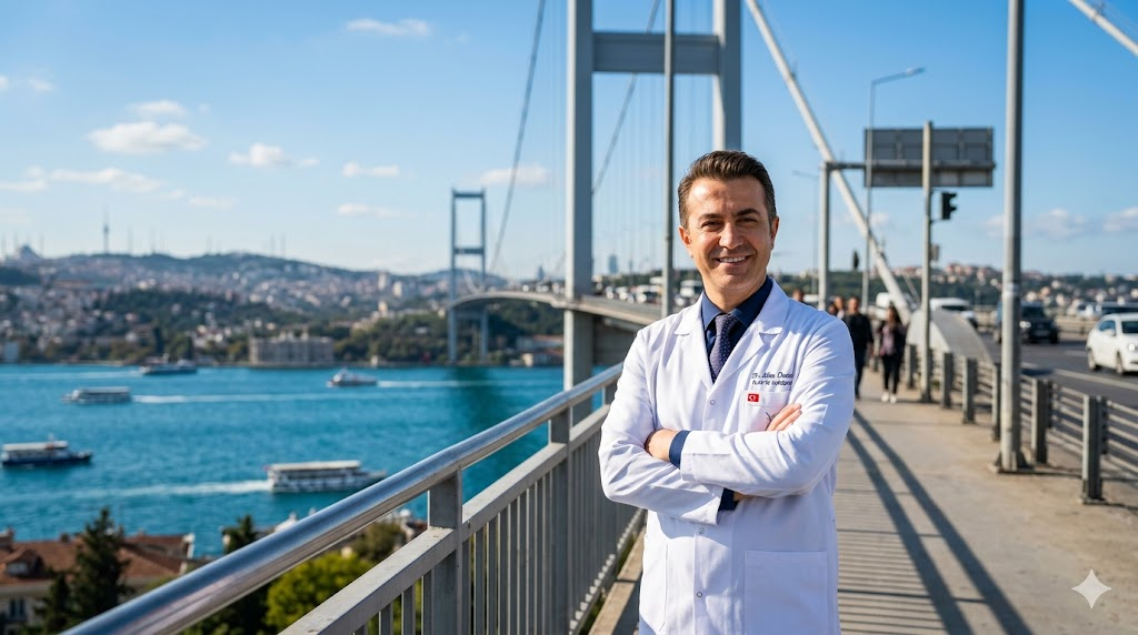 طبيب متخصص في تكنولوجيا زراعة الشعر يقف أمام جسر البوسفور في إسطنبول، يعكس الثقة والاحترافية الطبية.