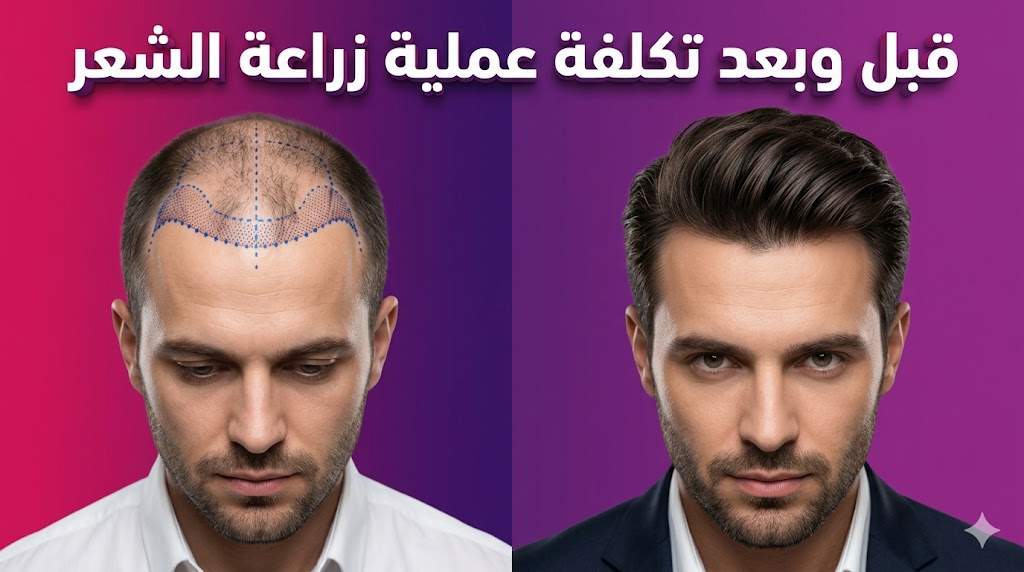 مقارنة واقعية قبل وبعد توضح نتائج الاستثمار في تكلفة عملية زراعة الشعر مع ظهور كثافة شعر طبيعية وتصميم 3D للنص.