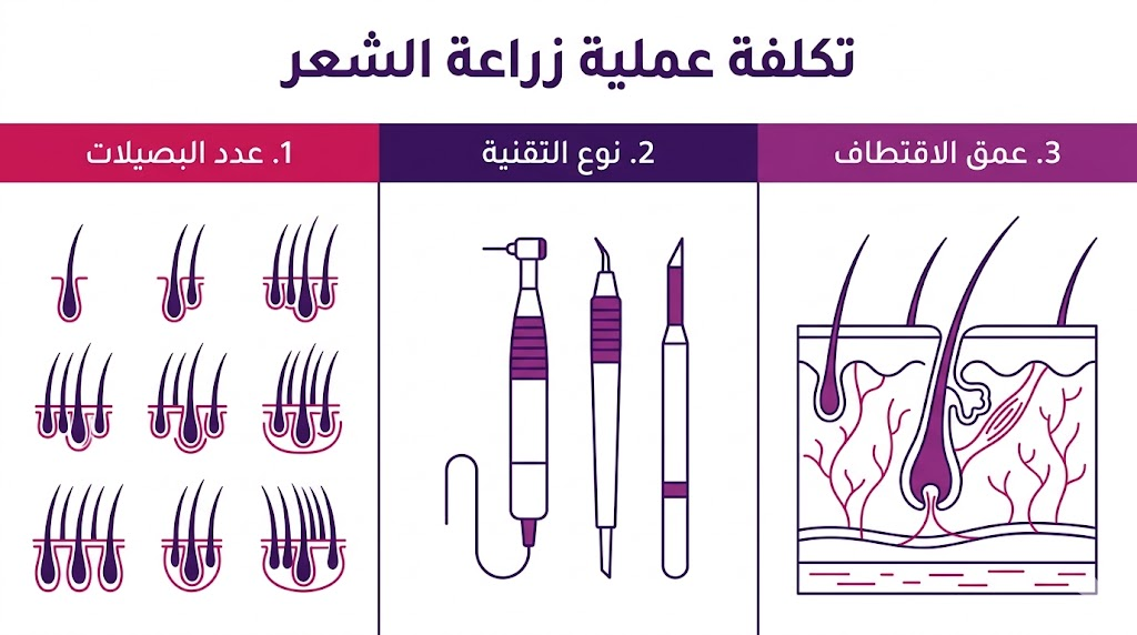  بوستر إنفوجرافيك مقسم لثلاثة أجزاء يشرح العوامل الرئيسية التي تحدد تكلفة عملية زراعة الشعر مثل التقنية وعدد البصيلات.