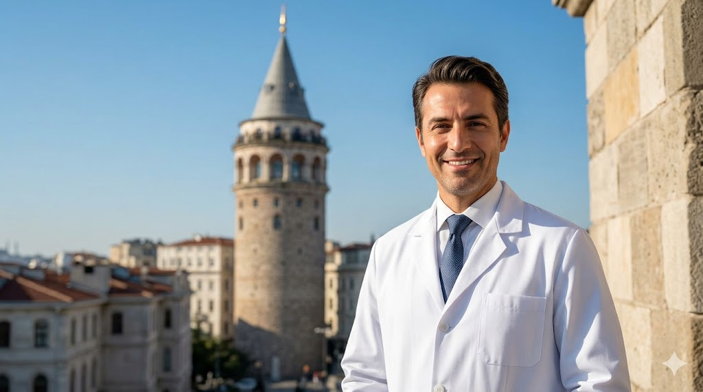 طبيب مختص يقف أمام برج غالاتا في تركيا، في إشارة إلى جودة الخدمات والسياحة العلاجية المرتبطة بـ تكلفة عملية زراعة الشعر.