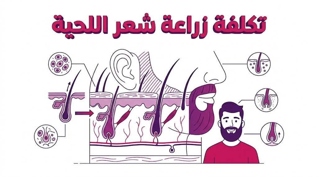 مخطط طبي تشريحي يوضح تقنيات غرس البصيلات والزوايا الطبيعية المتعلقة بـ تكلفة زراعة شعر اللحية.