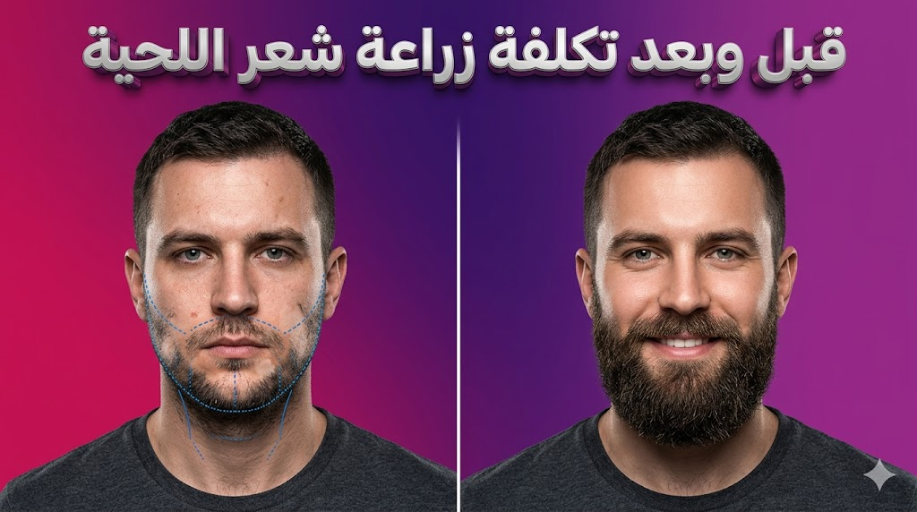 صورة واقعية تظهر نتائج ما قبل وبعد تكلفة زراعة شعر اللحية مع تحديدات طبية دقيقة ولحية كثيفة في النتيجة النهائية.