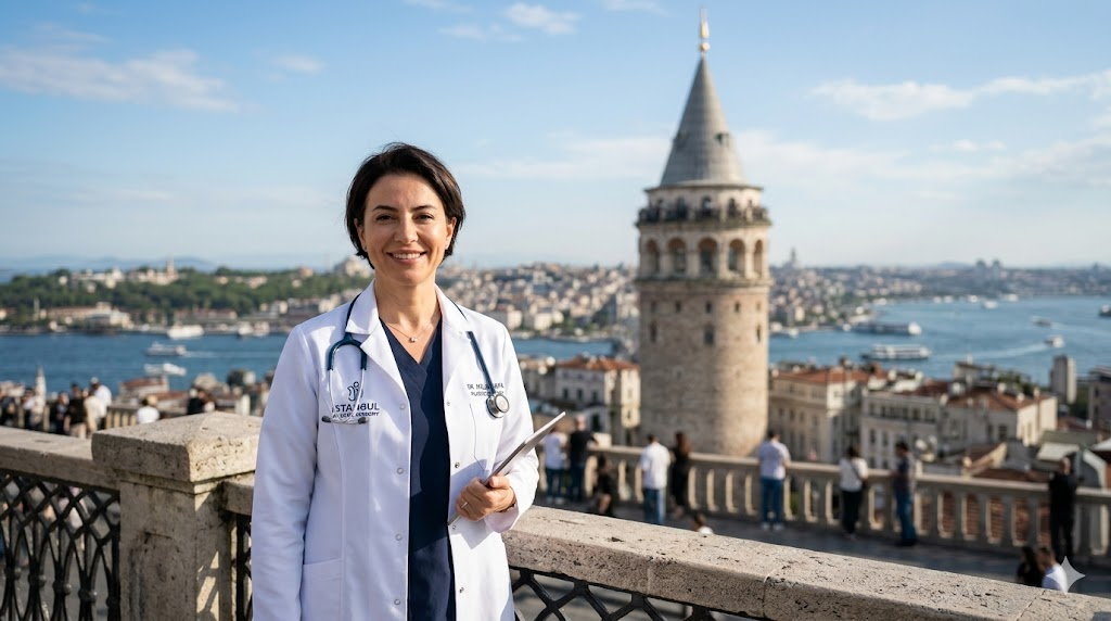 طبيب متخصص يقف أمام برج غالاتا في إسطنبول، يعبر عن الثقة والاحترافية في تقديم خدمات تكلفة زراعة شعر اللحية.