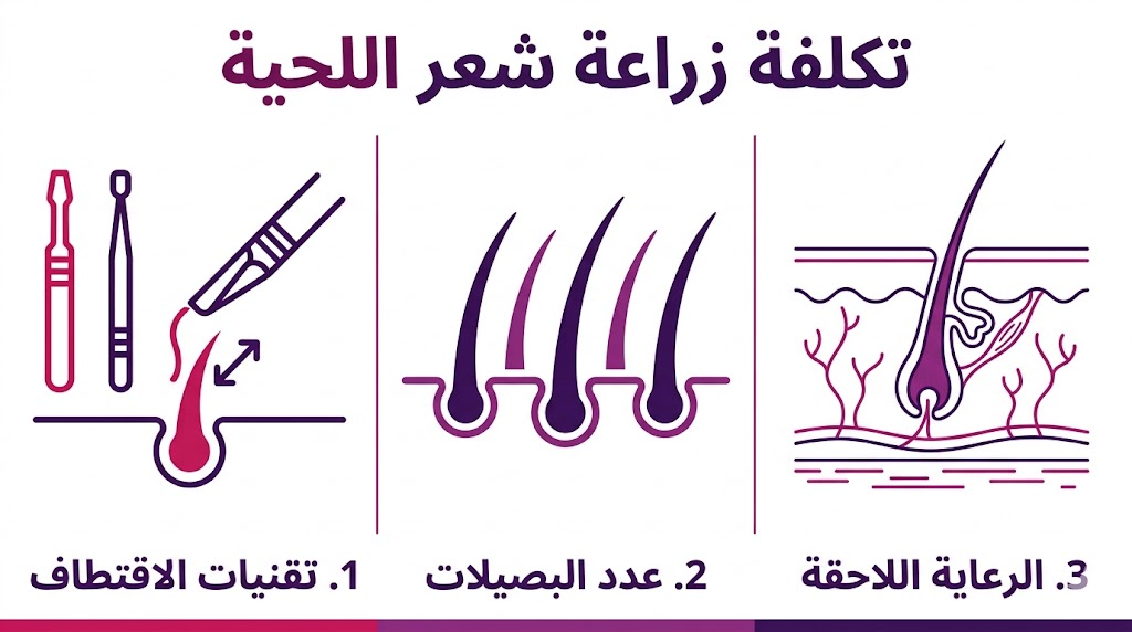  إنفوجرافيك مقسم لثلاثة أقسام يشرح التقنيات وعدد البصيلات والرعاية ضمن تكلفة زراعة شعر اللحية.