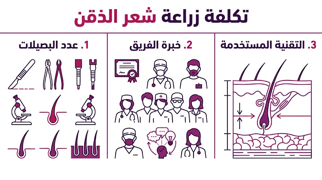 إنفوجرافيك يوضح العناصر الثلاثة الأساسية المتحكمة في تكلفة زراعة شعر الذقن: البصيلات، الخبرة، والتقنية.