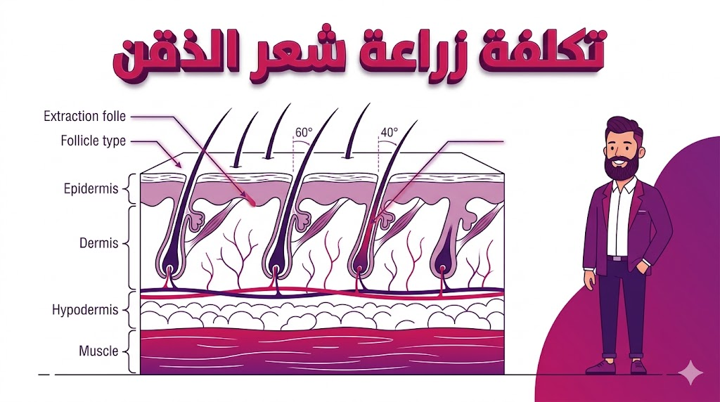إنفوجرافيك تعليمي يوضح التشريح العلمي للبصيلات والتقنيات التي تحدد تكلفة زراعة شعر الذقن.