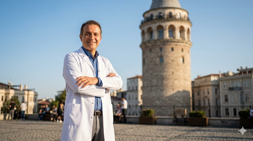 طبيب متخصص يقف أمام برج غالاتا في اسطنبول لتقديم استشارات حول تكلفة زراعة شعر الذقن في تركيا.