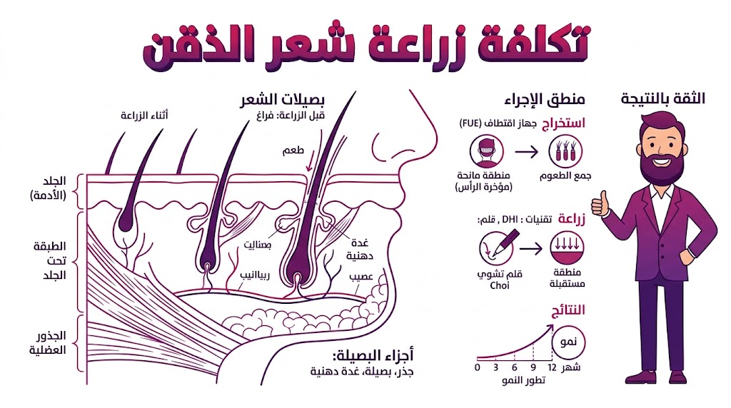 إنفوجرافيك طبي يوضح العلم وراء تكلفة زراعة شعر الذقن وبنية بصيلات الشعر في منطقة الوجه بأسلوب الرسم الهندسي.