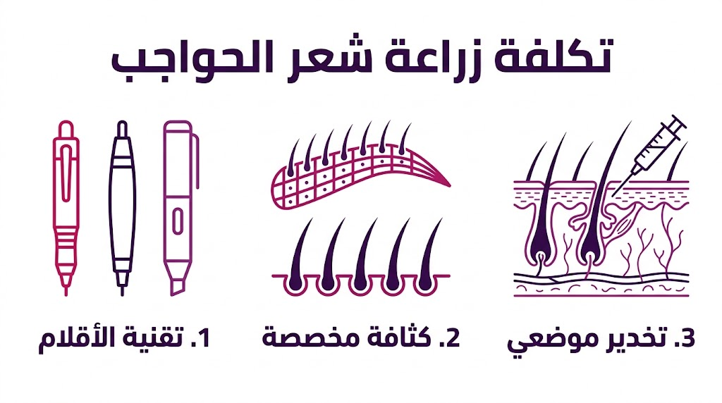 إنفوجرافيك طبي يشرح تقنيات ومزايا تكلفة زراعة شعر الحواجب عبر ثلاث مراحل.