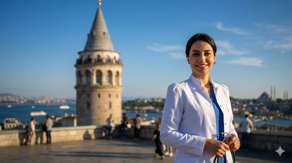 طبيب تجميل متخصص في تركيا يقدم استشارات حول تكلفة زراعة شعر الحواجب أمام برج غالاطة.