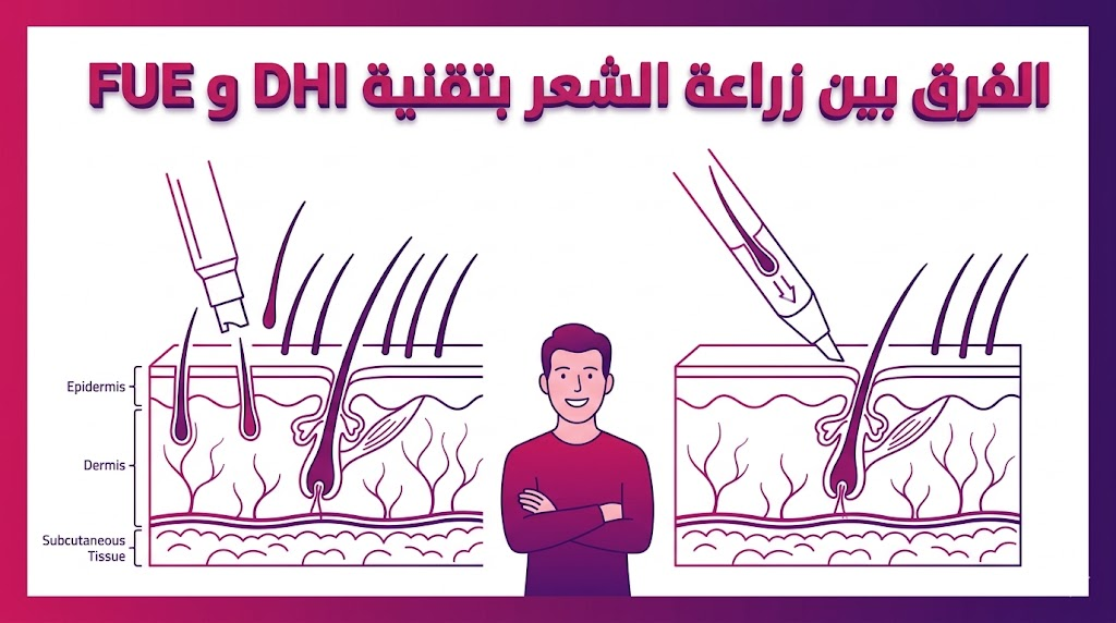 مخطط تشريحي وفيكتور إنفوجرافيك يشرح الفرق بين زراعة الشعر بتقنية DHI و FUE وآلية عمل كل منهما.