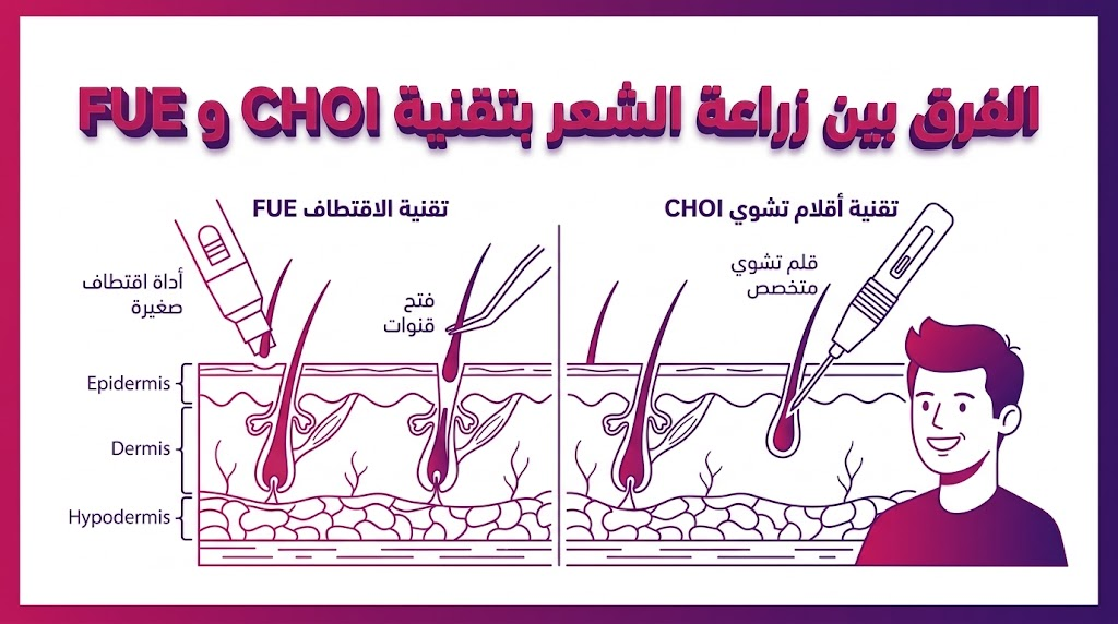 إنفوجرافيك تعليمي يوضح التشريح الداخلي لفروة الرأس والفرق بين زراعة الشعر بتقنية CHOI و FUE علمياً.