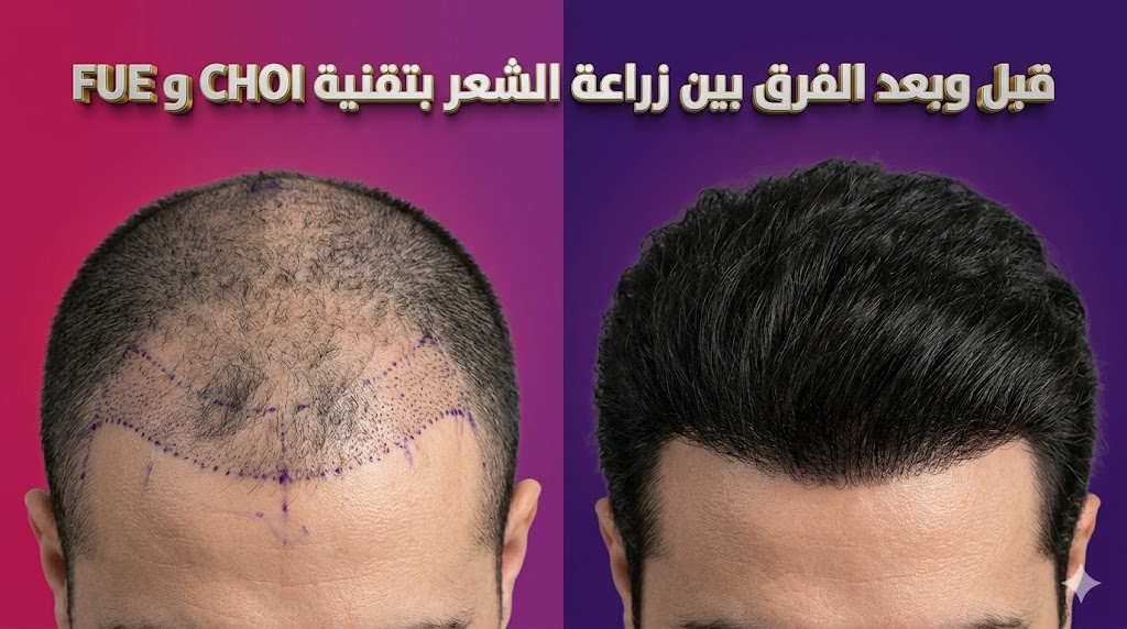 مقارنة قبل وبعد توضح نتائج الفرق بين زراعة الشعر بتقنية CHOI و FUE على كثافة الشعر.
