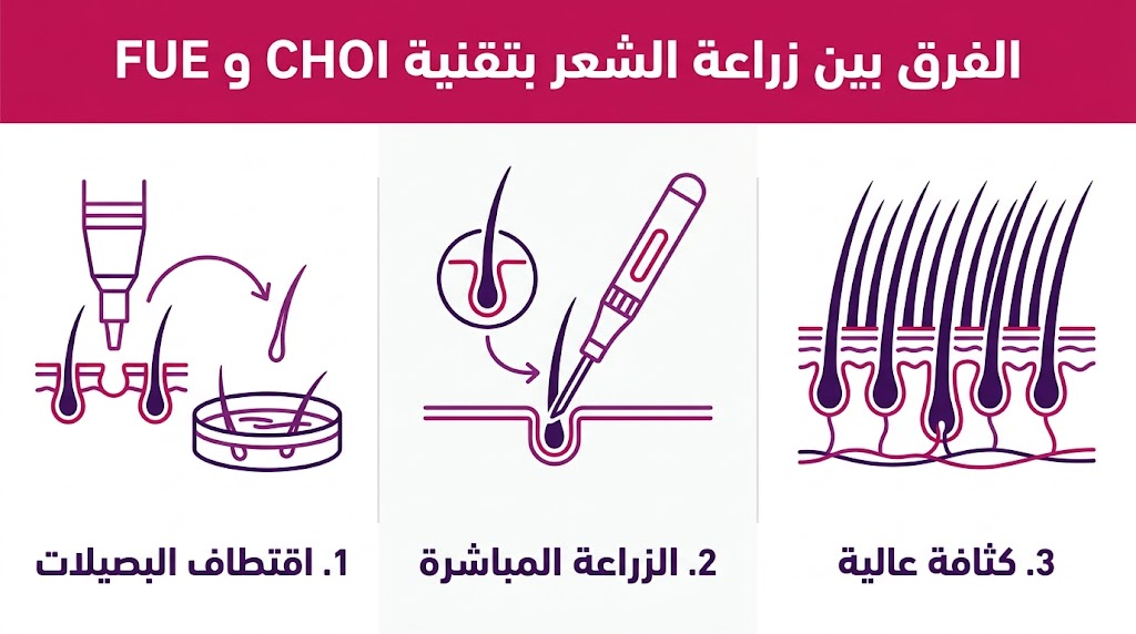 إنفوجرافيك تشريحي يوضح الفرق بين زراعة الشعر بتقنية CHOI و FUE من حيث طريقة زرع البصيلات.
