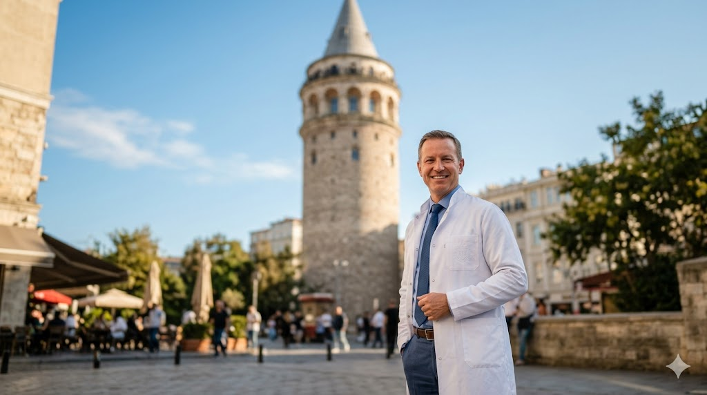 طبيب متخصص في زراعة الشعر في اسطنبول يشرح الفرق بين زراعة الشعر بتقنية CHOI و FUE أمام برج غالاتا.