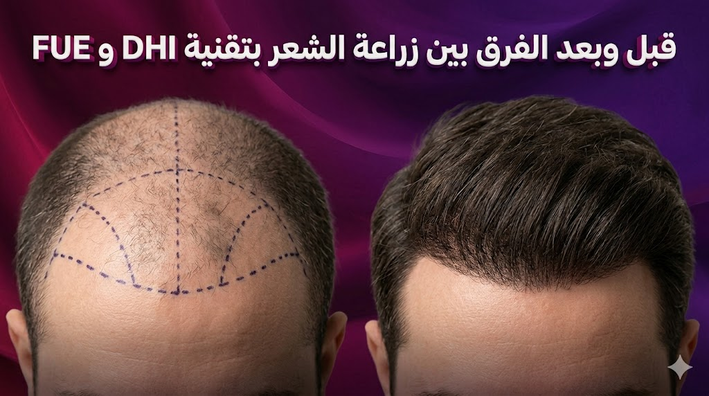 صورة واقعية تظهر نتائج ما قبل وبعد توضح الفرق بين زراعة الشعر بتقنية DHI و FUE مع تركيز على كثافة الشعر.