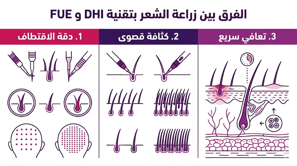  إنفوجرافيك مقسم لثلاثة أقسام يشرح مميزات الفرق بين زراعة الشعر بتقنية DHI و FUE من حيث الدقة والكثافة والتعافي.