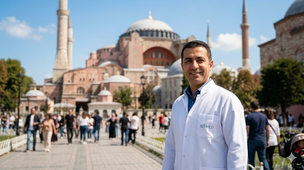 طبيب خبير يقف أمام جامع آيا صوفيا في اسطنبول يمثل التميز في توضيح الفرق بين زراعة الشعر بتقنية DHI و FUE في تركيا.