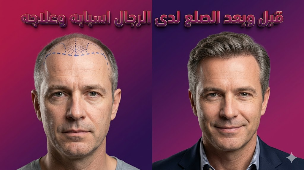 صورة "قبل وبعد" تظهر نتائج علاج الصلع لدى الرجال اسبابه وعلاجه واستعادة كثافة الشعر بشكل طبيعي.