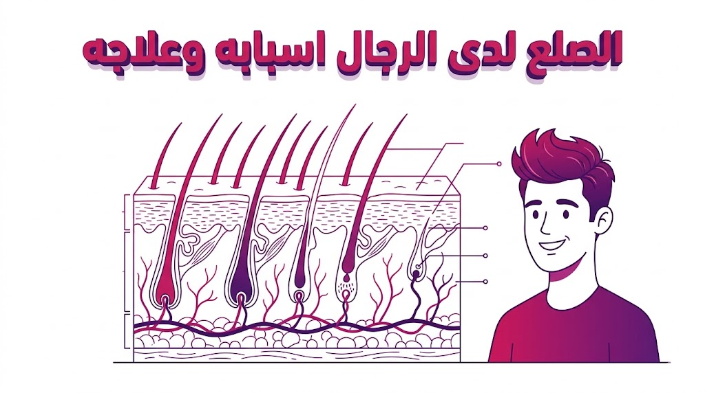 مخطط تشريحي يوضح بنية بصيلات الشعر وكيفية التعامل مع الصلع لدى الرجال اسبابه وعلاجه طبياً.