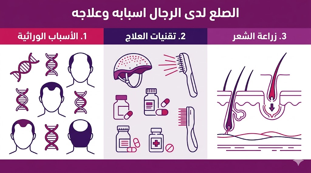  إنفوجرافيك طبي يشرح الأسباب الوراثية وتقنيات زراعة الشعر لعلاج الصلع لدى الرجال اسبابه وعلاجه.