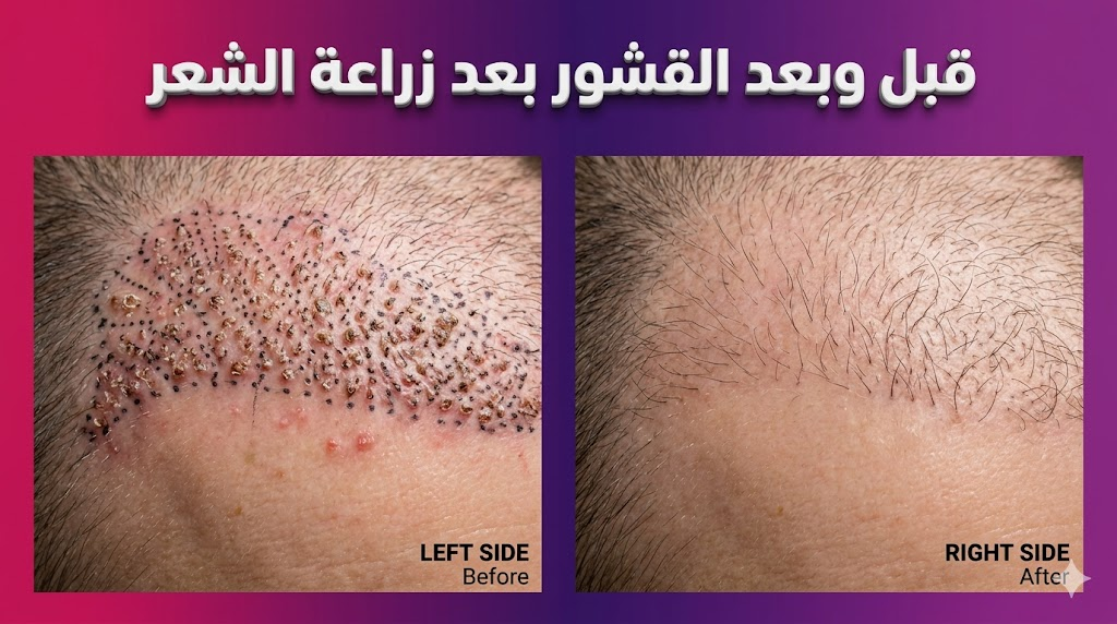 صورة مقارنة "قبل وبعد" توضح مرحلة وجود القشور بعد زراعة الشعر ثم اختفائها تماماً بعد التئام الفروة.