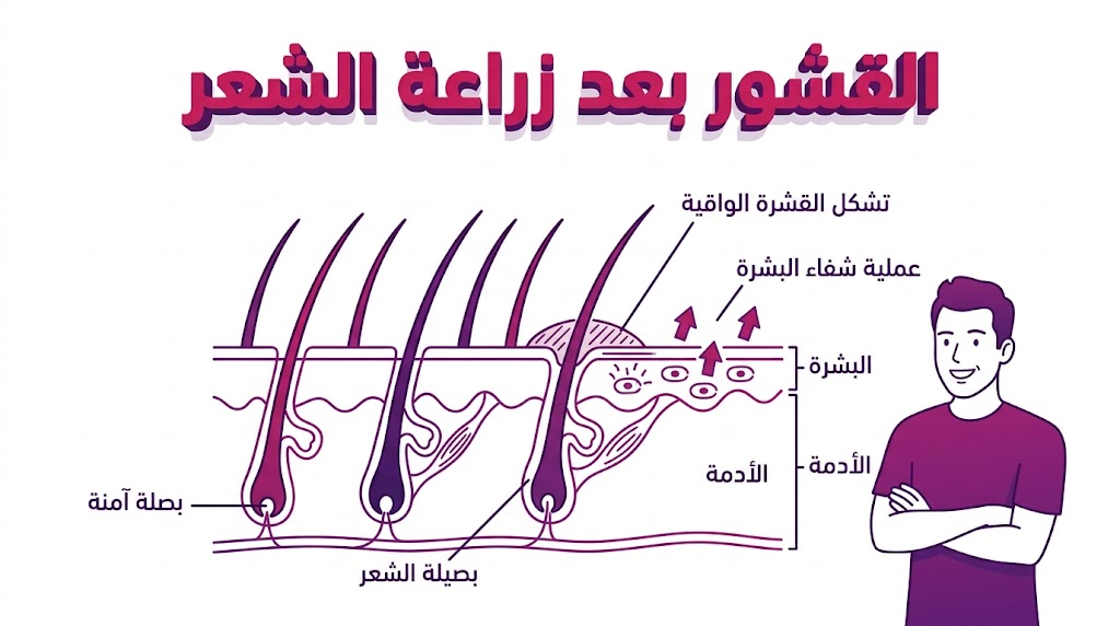 إنفوجرافيك طبي يوضح المخطط التشريحي لتكون القشور بعد زراعة الشعر وكيفية حماية البصيلة تحت الجلد.