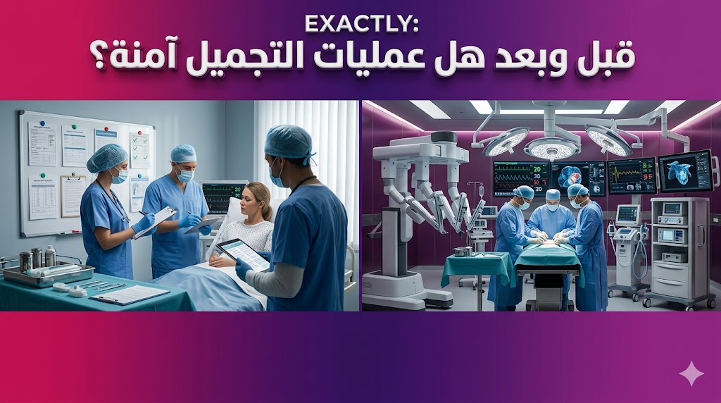 صورة مقارنة توضح تجهيزات الأمان قبل وبعد هل عمليات التجميل آمنة؟ مع نص ثلاثي الأبعاد باللغة العربية.