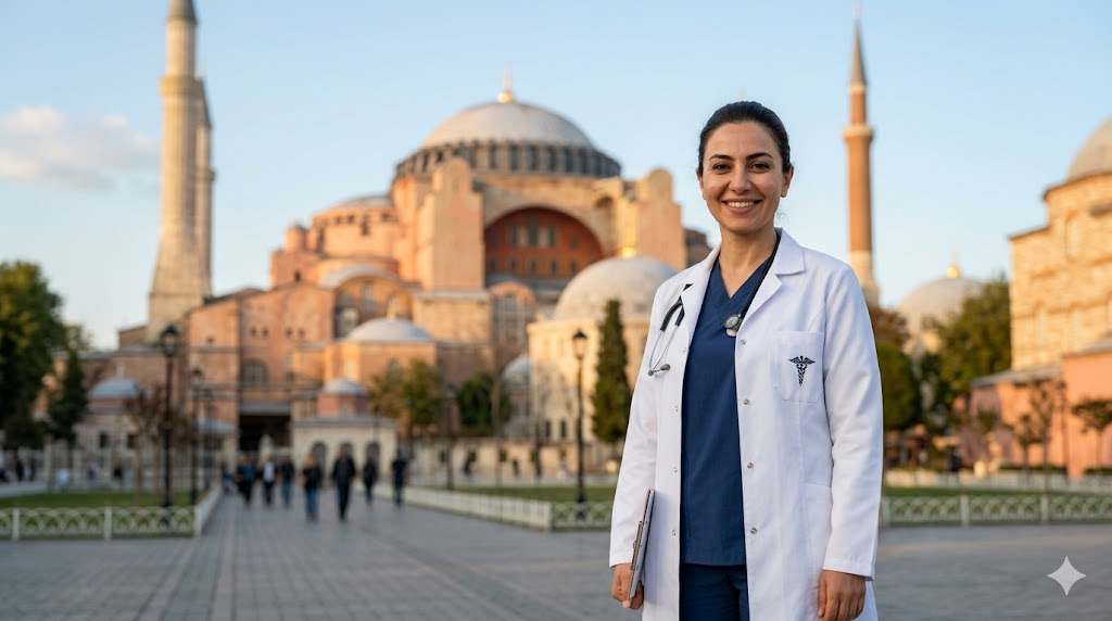  طبيب تجميل يقف أمام آيا صوفيا في إسطنبول، يرمز لثقة المرضى في التساؤل حول هل عمليات التجميل آمنة؟.