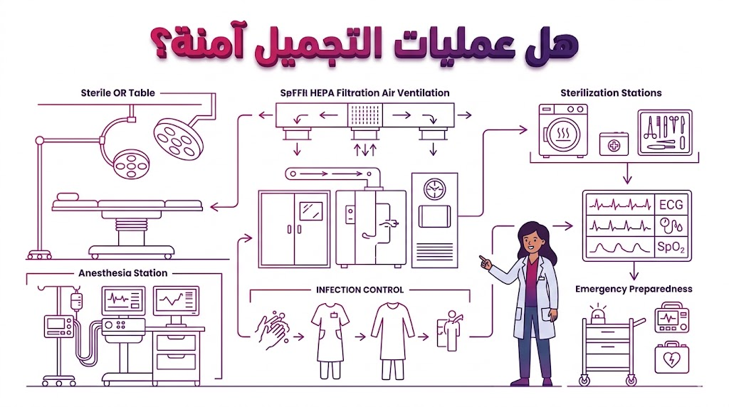  إنفوجرافيك تعليمي يوضح المعايير العلمية للأمان الجراحي للإجابة على تساؤل هل عمليات التجميل آمنة؟.