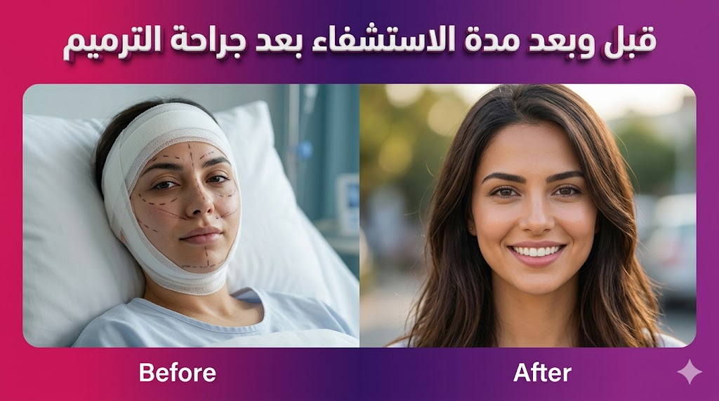 مقارنة قبل وبعد توضح مراحل مدة الاستشفاء بعد جراحة الترميم والنتائج النهائية المذهلة.